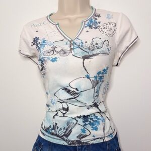 Y2K Grunge Fairy Core Blue Floral Henley